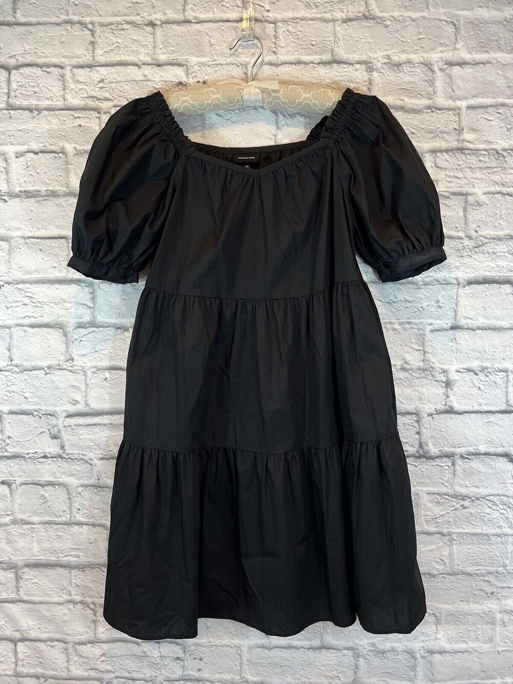 Who What Wear Dress Tiered Black Summer Cotton 3/4 Puff Sleeves Buttons XS P591